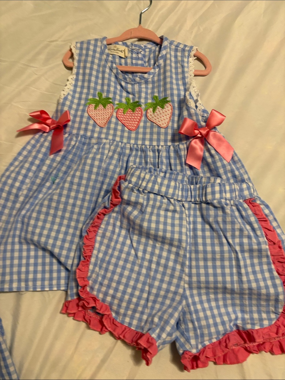 Blue Gingham Strawberry Appliqué Two-Piece Set with Pink Bows